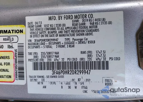 2013 Ford Fusion Se из США, поврежденный, VIN 3FA6P0HR2DR299947